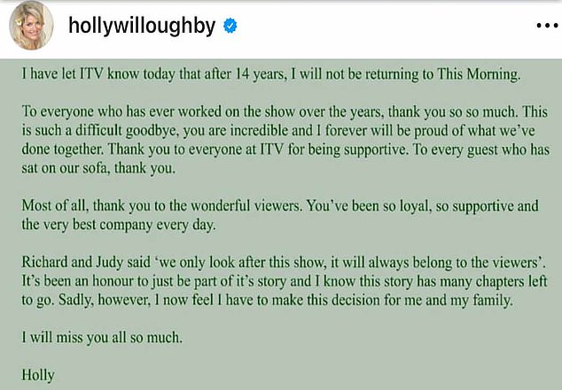 Resignation: The host confirmed on Instagram that she 'will not be returning' to the show