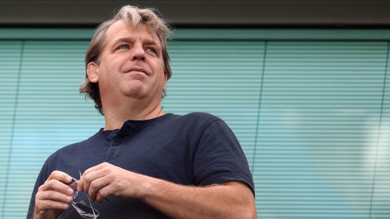 Chelsea owner Todd Boehly watches from the stands before the English Premier League football match between Chelsea and Leicester City at Stamford Bridge stadium in London, Saturday August 27, 2022. 