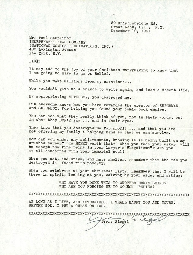 Writing to CEO Paul Sampliner in December 1951 - after unsuccessfully suing DC for the rights to both Superman and the spin-off creation Superboy - Siegel claimed they had 'destroyed' him and 'crushed' his career.