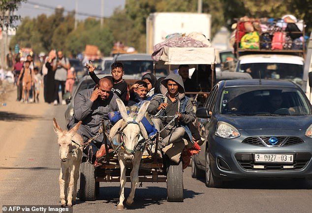 Riding a donkey-drawn cart as the family flees with hundreds of other Palestinians with their belongings after the Israeli army's warning to leave their homes and head south