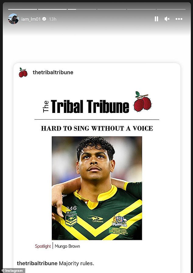 Mitchell shared a post from The Tribal Tribune with the headline 'Difficult to sing without a voice', with an image of Indigenous footy star Selwyn Cobbo