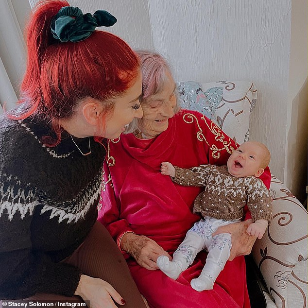 Cuddling with grandma: Last week Stacey revealed her grandma had 'finally' agreed to move into a care home near her and sister Gemma (pictured in December 2021)