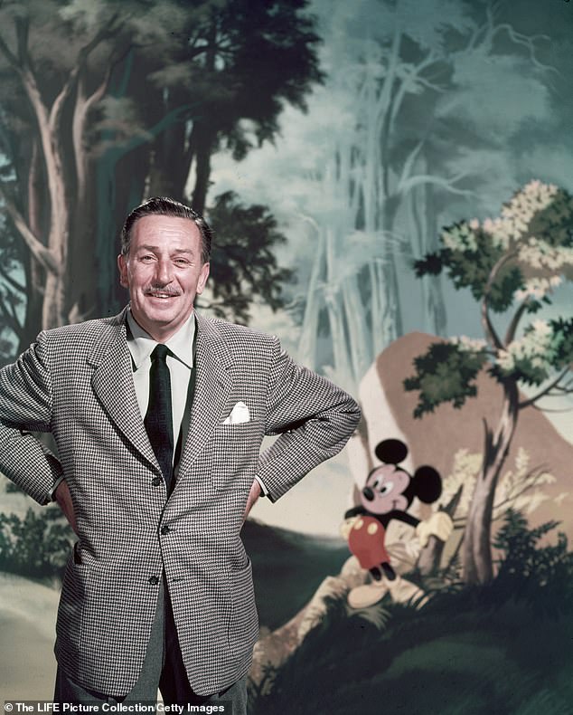 Walt Disney poses for a scene with his signature creation Mickey Mouse in Anaheim, California, in 1950