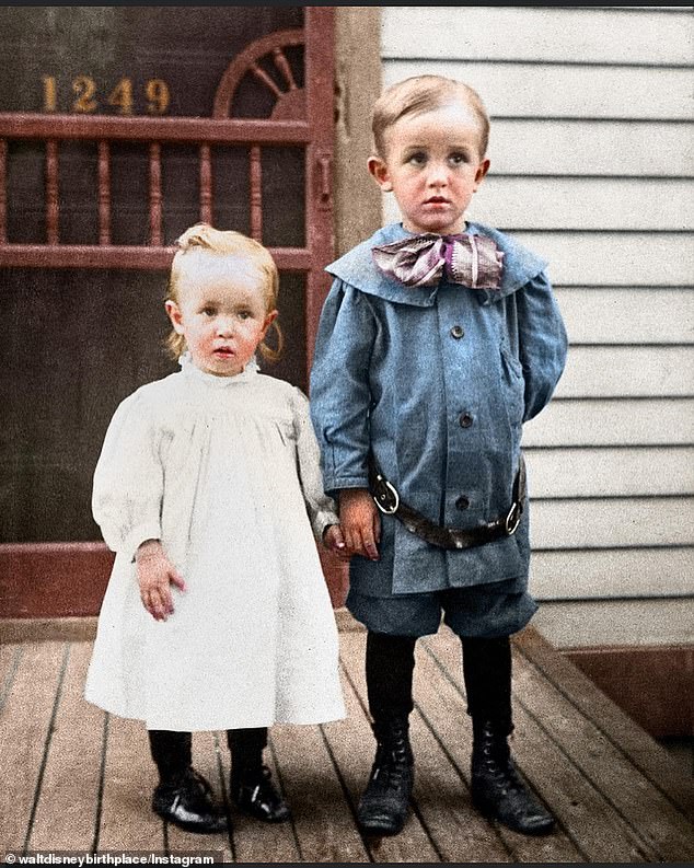 There is a colored photo of Walt Disney and his sister Ruth in the house