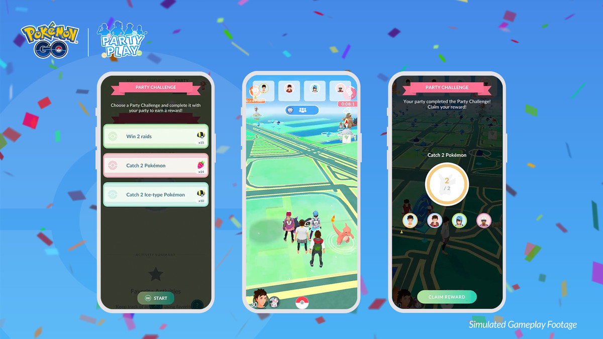 Three phone screenshots showing the Party Challenge feature in Pokémon Go Party Play