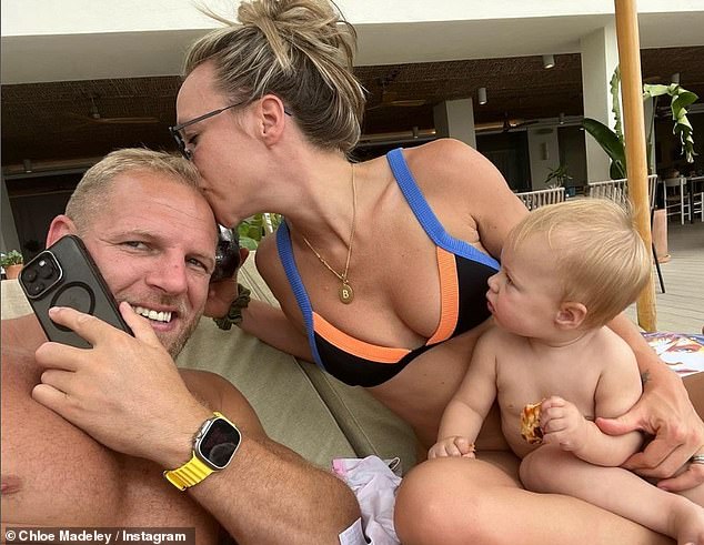 Family: Khloe recently opened up about her and husband James' relationship challenges after the two became parents in August 2022 (pictured with daughter Bodhi)