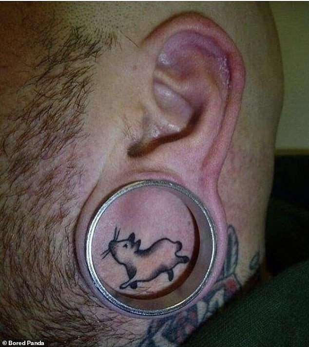 A man with a huge stretcher in his earlobe took full advantage of the frame he already has and had a small rodent tattooed in it