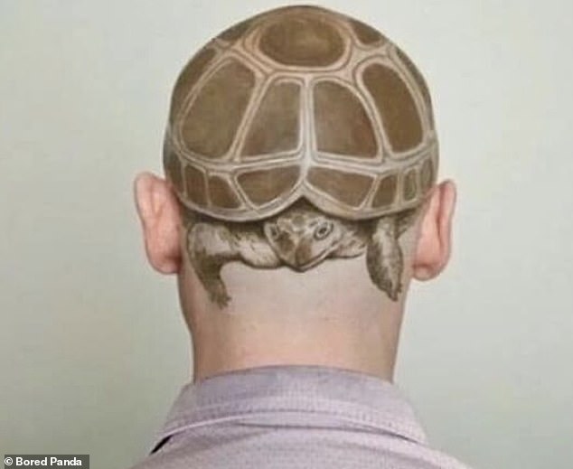 Another man who has lost his hair got creative with his blank canvas and tattooed a turtle on his head