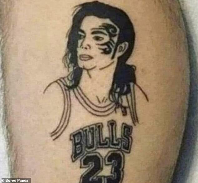 This person had an unusual image of Michael Jackson tattooed on his leg, but he appeared to have Mike Tyson's face tattoo and was wearing Michael Jordan's jersey