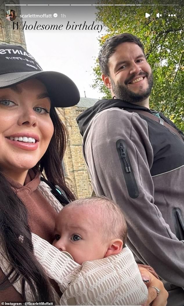 Content: The former Gogglebox star looked fresh-faced as she walked shoulder-to-shoulder with boyfriend Scott, with eagle-eyed baby Jude strapped to her chest in a cream baby carrier