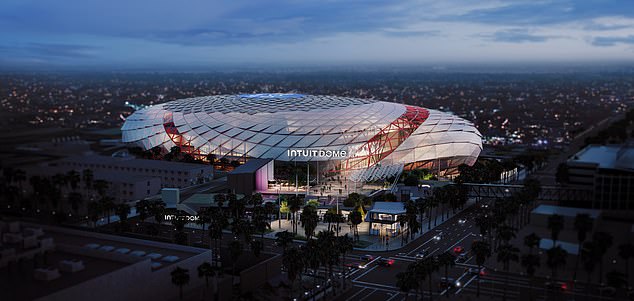 A rendering of the 18,000-seat Intuit Dome can be seen in Inglewood, California