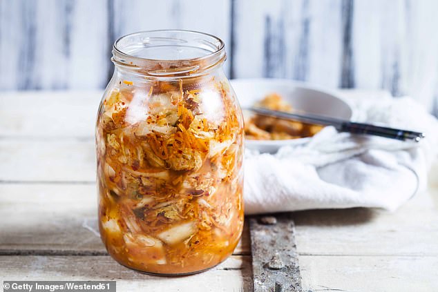 Nick's shopping included kimchi, a spicy fermented cabbage