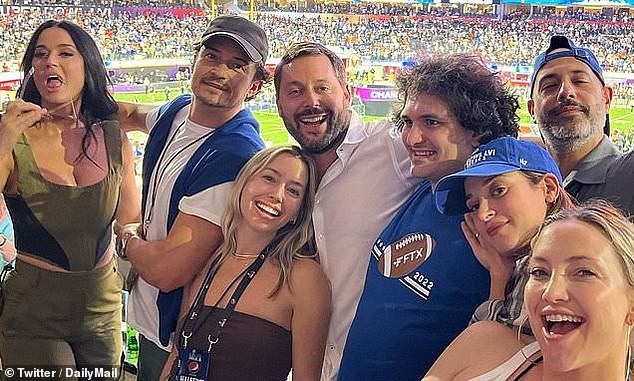 Sam Bankman-Fried pictured at the 2022 Super Bowl with singer Katy Perry (far left), actor Orlando Bloom, actress Kate Hudson (far right) and Hollywood agent turned investor Michael Kives.  The image was shown to the court on Monday