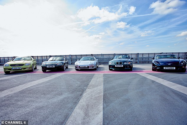 The four-episode series pits some of the best modern classic cars against each other in a 'Battle of the Bangers' to decide which is the best in its class.  Pictured from left to right: Mercedes SLK, Maxxda MX-5, Honda NSX, BMW Z3 and TVR Cerbera