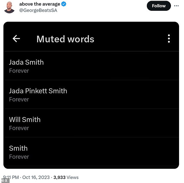 Mute: One account joked they've muted anything about Jada and Will 'forever'