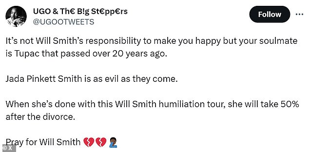 Above: Some users seemed genuinely angry with Jada, including one who singled out Jada for letting Will try to make her happy for years, even though her 'soul mate' Tupac Shakur has been dead for over 20 years