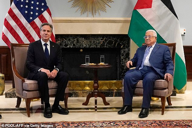 Secretary of State Antony Blinken (L) meets with Palestinian President Mahmoud Abbas in Amman, Jordan on October 17, 2023. Abbas is expected to return to Ramallah, the seat of his government in the occupied West Bank, in the aftermath of the deadly attack .  hospital attack