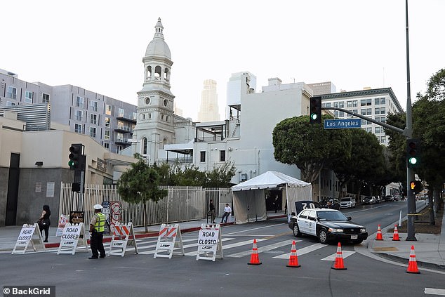 The area around the Catholic Cathedral of St. Vibiana, where the couple exchanged vows, was locked down in downtown Los Angeles