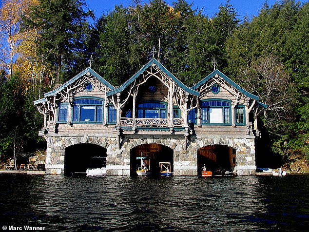 A photo of the boathouse at Camp Topridge, the private Adirondacks resort owned by billionaire Harlan Crow.  Camp Topridge is by invitation only and has some unusual features, including a replica of Hagrid from Harry Potter's hut.  Thomas announced he was staying there based on his updated disclosure