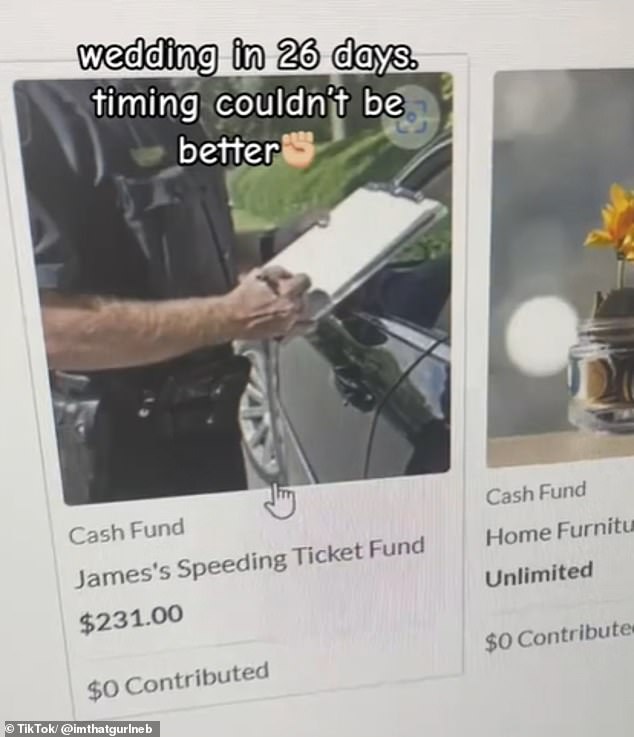 Annabelle added the speeding fine to their wedding registry, along with a photo of a police officer issuing the fine near a car