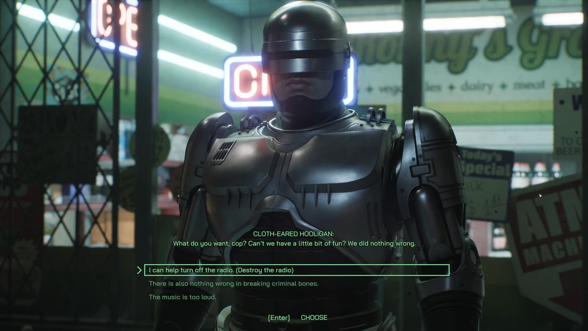 RoboCop encounters a group of toughs waiting outside a convenience store, asking them to turn down the music