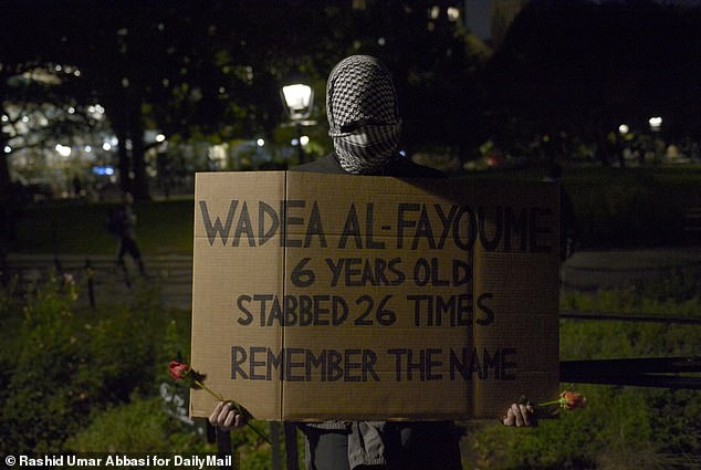 One protester held a sign in memory of Wadea Al-Fayoume, a 6-year-old from Illinois who was stabbed by a man believed to have been influenced by coverage of last weekend's attacks