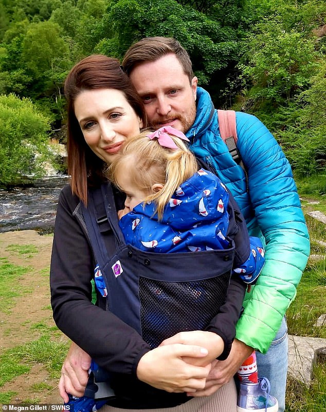 Ms Gillett, 35, and her partner Tom Oakshot, 39, suspected she had cerebral palsy.  But doctors diagnosed the toddler with metachromatic leukodystrophy (MLD).  The brain disorder, which affects one in 40,000 babies and has no cure, damages the nervous system and organs, leading to the loss of physical and mental skills.  In the photo Megan and Tom with Nellie