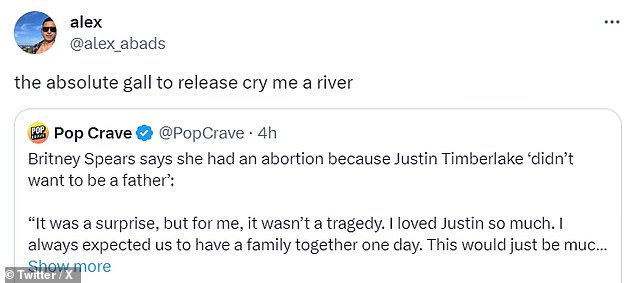 'The absolute gal': Cry Me A River, the song he released in 2002 and believed to be about his split from Britney, has also come under renewed scrutiny amid the revelation