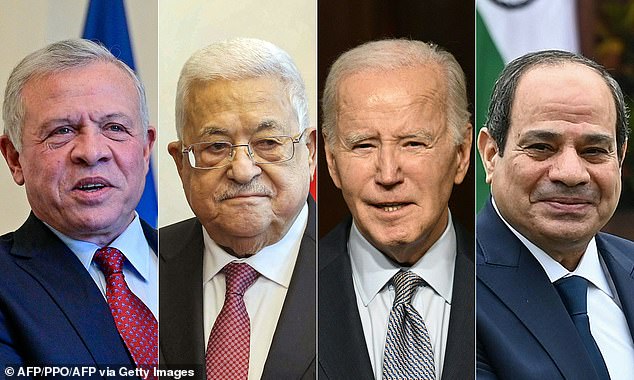 The unrest means plans for Biden to meet (from left to right) Jordan's King Abdullah II, Palestinian Authority President Mahmoud Abbas and Egyptian President Abdel Fattah al-Sisi have been abandoned.  Biden will not travel from Israel to Jordan