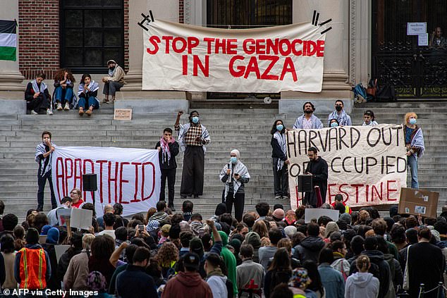 At Harvard, more than thirty student groups signed a letter that placed full blame for the mass murder of Jews at Israel's own feet.  (Above) Israel critics meet at Harvard University on October 14, 2023