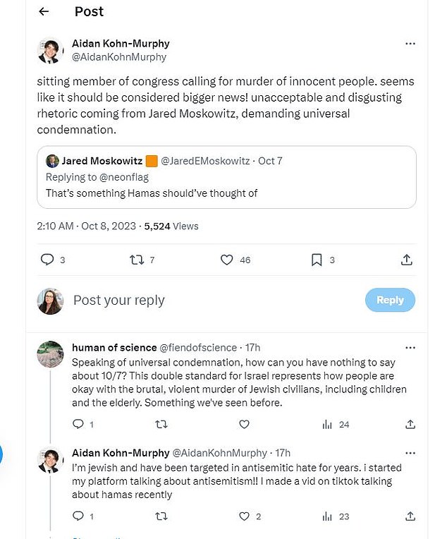 Gen Z for Change founder Aidan Kohn-Murphy, 19, also targeted Congressman Jared Moskowitz for 'calling for the murder of innocent people'