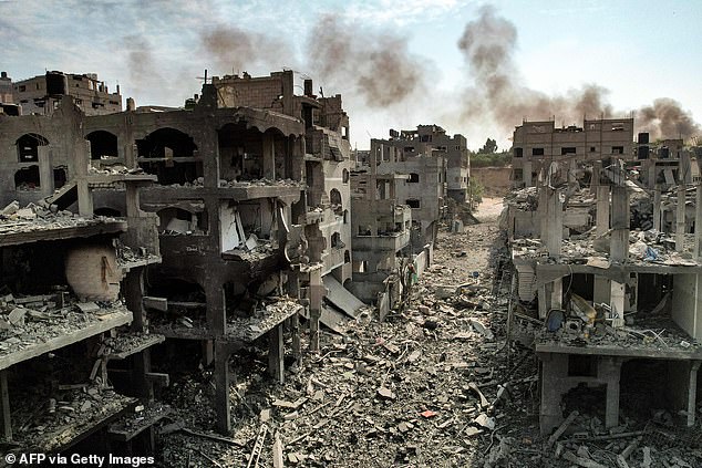 Buildings destroyed by Israeli airstrikes in the Jabalia camp for Palestinian refugees in Gaza