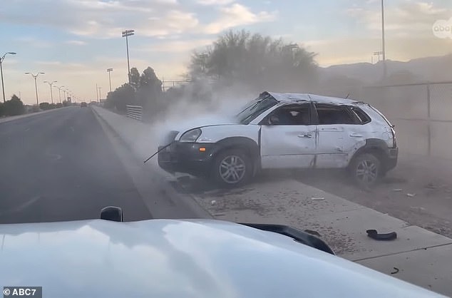 The chase ended in a surprise crash where the SUV, packed with migrants, rolled over three times before suddenly going up in smoke on the side of the highway.