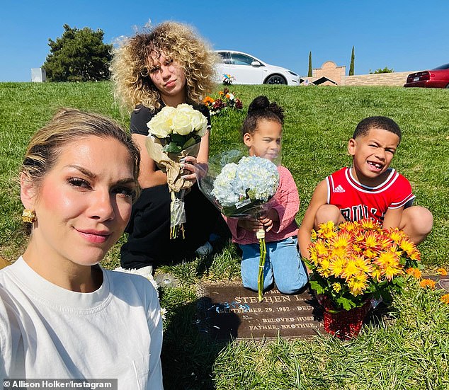 Tributes: Allison, 35, and her children Weslie, 15, Maddox, seven, and Zaia, three, paid tribute to their late father and husband on September 29, which would have been his 41st birthday