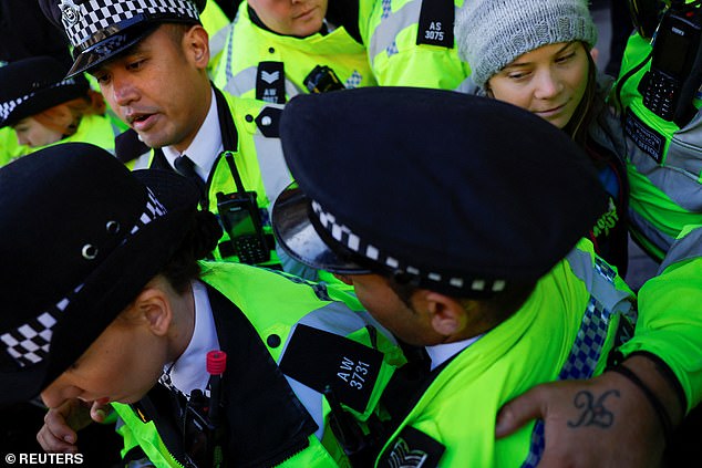 Ms Thunberg was surrounded by officers as she was detained and led to the van