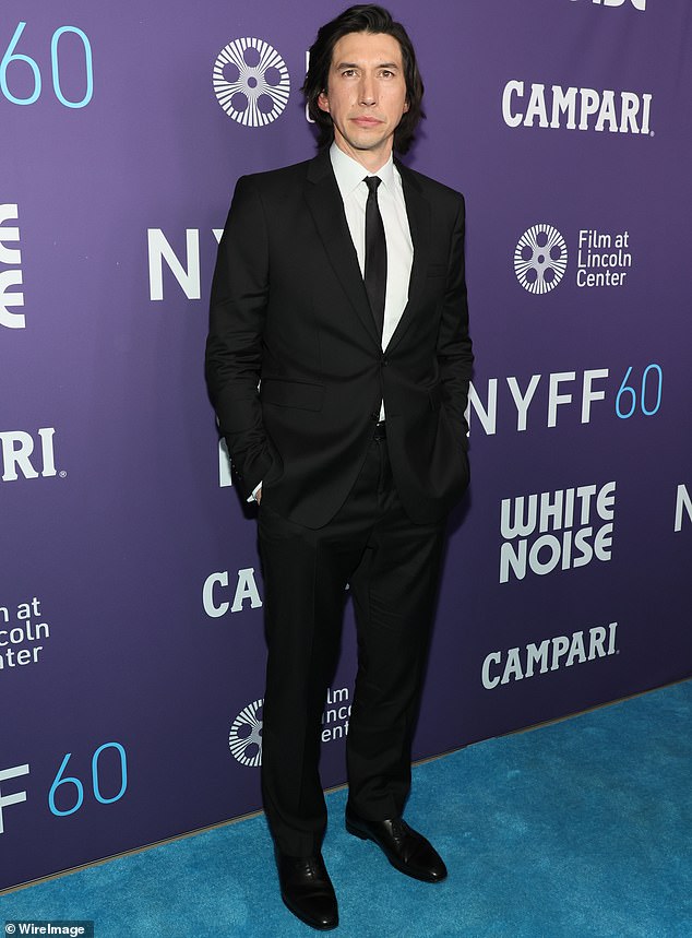 Stunning: Adam's signature look, pictured at the White Noise premiere at the New York Film Festival, is a far cry from his Enzo Ferrari ensemble