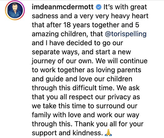 In June, McDermott announced his split from Tori on Instagram, but the post was removed less than 24 hours later