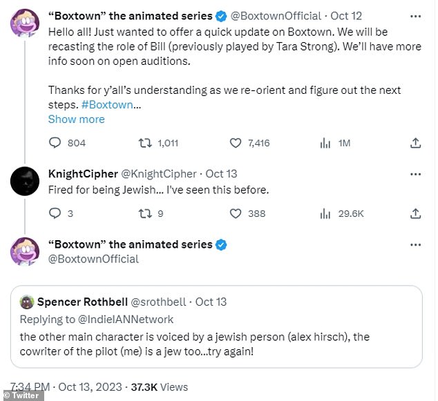 The show's account replied with Boxtown writer Spencer Rothbell's tweet saying other voice actors and writers on the show are Jewish