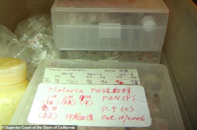 Among hundreds of vials containing infectious viruses and bacteria, many of which had been improperly stored in poor freezers, were samples of malaria, pictured here, next to Chinese characters.  Other infectious agents included strains of the herpes virus, the bacteria that causes meningitis, chlamydia, Covid-19 and HIV.