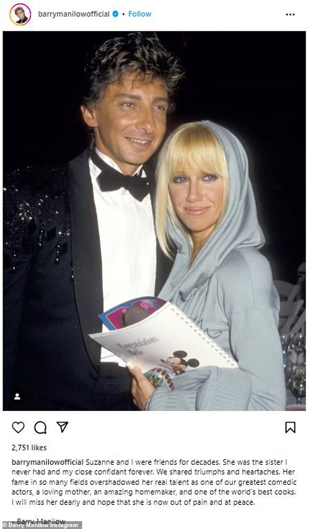 Saying goodbye: Earlier this week he paid tribute to his long-time friend Suzanne Somers after she died on Sunday aged 76 after an incredible 23 years of living with 'an aggressive form of breast cancer'