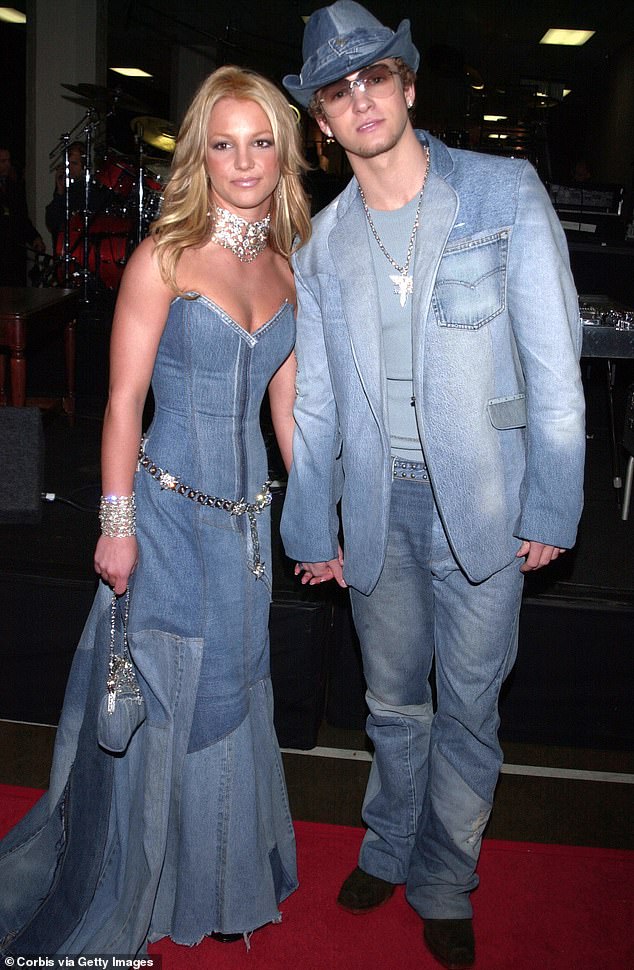 Justin and Britney, pictured in their iconic matching double denim outfit at the 2001 American Music Awards, dating from 1999 to 2002