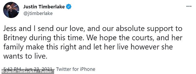 He also posted a lengthy statement on Twitter following Britney's shocking testimony in court about her life under father Jamie's control in 2021 as she fought to end her conservatorship.