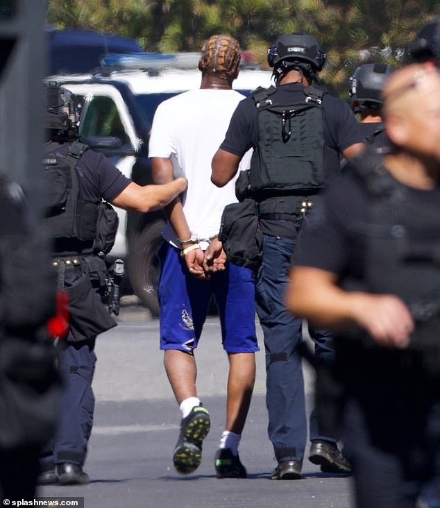 Officers were pictured leading away a handcuffed man wearing a white T-shirt and blue track pants as the tense standoff drew to a close