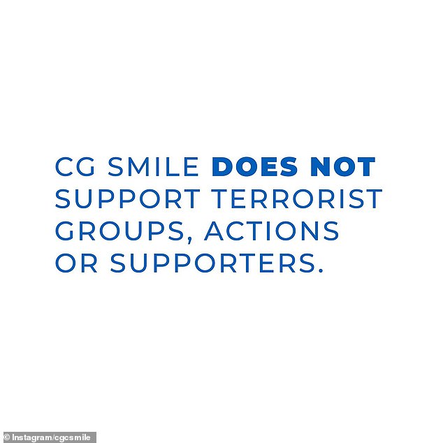 “He has been removed from our staff, all of our social media pages and groups.  CG Smile does NOT support the actions or supporters of terrorist groups,” the message said