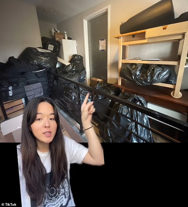 The content creator said she stopped by the apartment a few hours before her movers were scheduled to arrive and found piles of trash bags and furniture blocking the doorway.