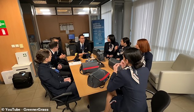 Before each flight, the crew gets together to get a briefing on the upcoming flight and