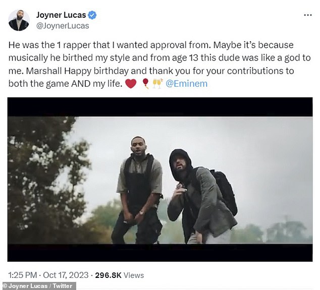 More birthday love: Joyner Lucas, with whom Eminem collaborated on Lucky You (2018), was also one of the people who took the time to write to Eminem on X