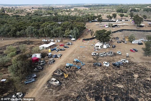 An aerial view shows the deserted site of the weekend attack on the Supernova Desert Music Festival by Palestinian militants near Kibbutz Reim in the Negev Desert of southern Israel