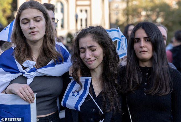 Pro-Israel students participate in a protest at Columbia University in New York City on October 12