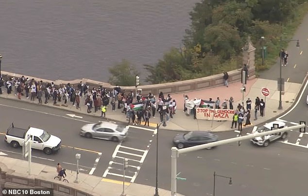 The Harvard Palestine Solidarity Committee and Harvard Graduate Students for Palestine organized a march from Harvard's main campus in Cambridge to the business school in Boston